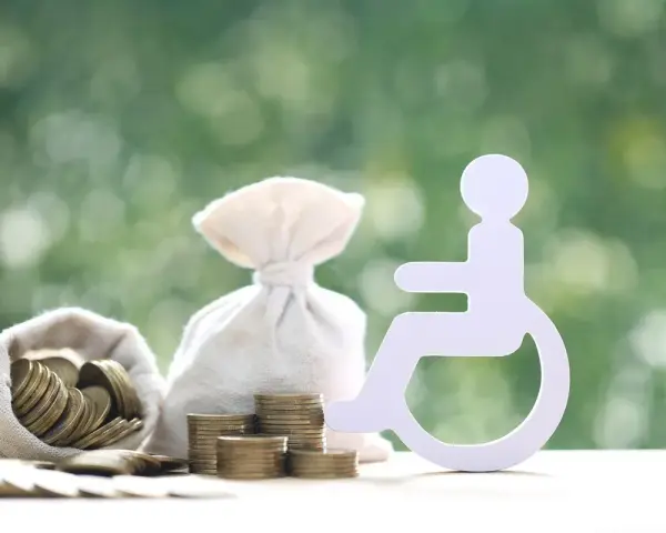 Symbol osoby na wózku inwalidzkim obok worków z pieniędzmi i monet. Świadczenie wspierające wyrównanie szans.