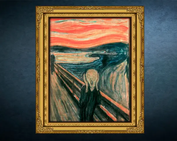 Edvard Munchs ikoniska "Skriet" i en gyllene ram. En skrikande figur på en bro under en blodröd himmel.