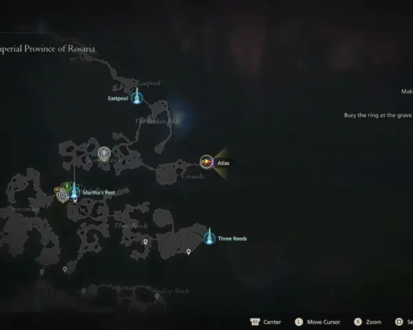 Mapa de Rosaria, con misiones activas como "Laid to Rest" y "Brotherhood". El destructor de mundos ff16 se acerca.
