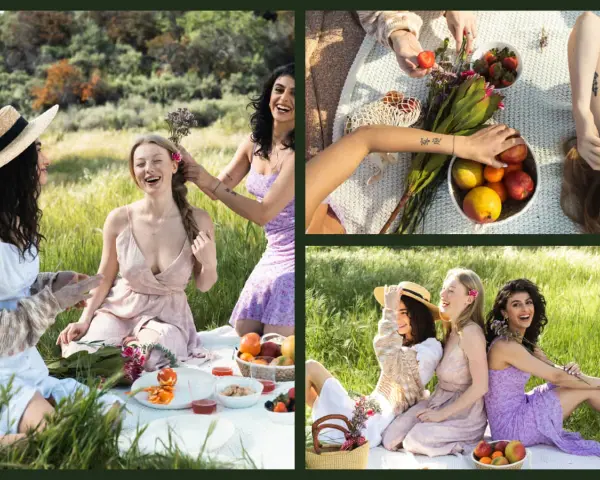Un site de collage photo montrant trois amies profitant d'un pique-nique joyeux dans un champ verdoyant.