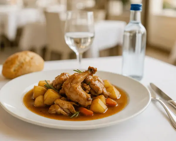 Conejo guisado con patatas y zanahorias en un plato blanco, acompañado de pan y agua.