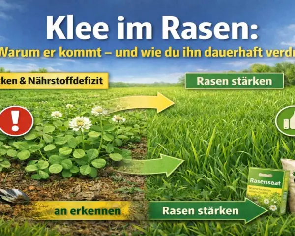 Klee im Rasen: Ein Feld mit viel Klee und einem Warnsymbol links, daneben ein dichter, grüner Rasen mit Daumen hoch rechts. Pfeile zeigen den Übergang.