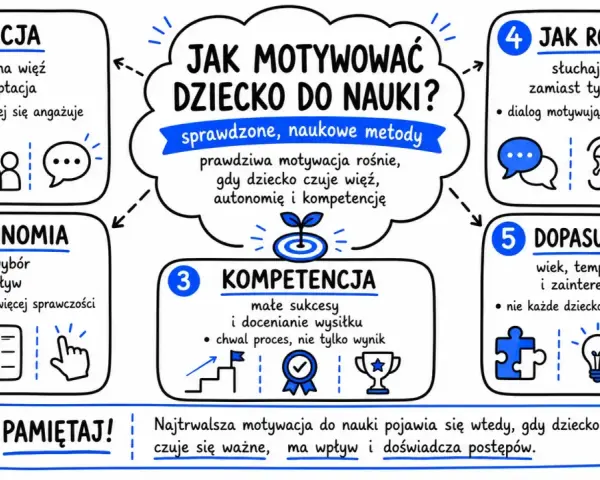 Jak motywować dziecko do nauki? 5 metod: relacja, autonomia, kompetencja, rozmowa, dopasowanie. Prawdziwa motywacja rośnie, gdy dziecko czuje więź, autonomię i kompetencję.