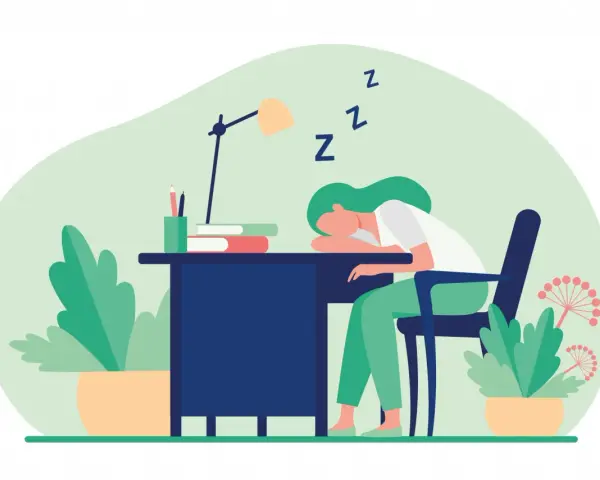 Ragazza con ADHD dorme sulla scrivania, nonostante la caffeina. Le "Z" fluttuano nell'aria, simbolo di stanchezza.