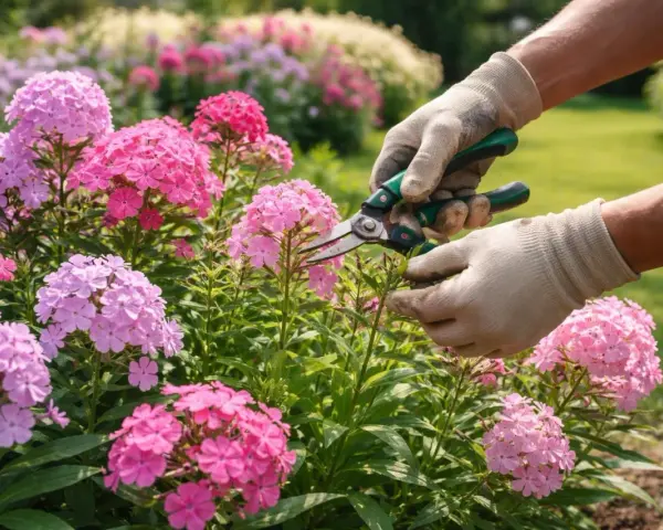 Hände mit Handschuhen schneiden pinke Phlox-Blüten mit einer Gartenschere.