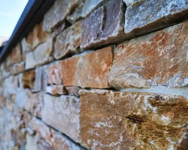 Gros plan sur une pose de pierre de parement extérieur aux teintes chaudes et naturelles, créant une texture rustique et élégante.