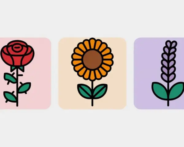 Tres flores estilizadas: una rosa roja, un girasol y una espiga morada. La rosa, símbolo de la flor del amor, se alza con elegancia.