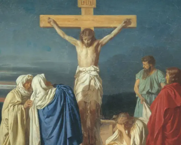 Scena ukrzyżowania Jezusa, nawiązująca do psalm 9. Wokół krzyża zgromadzone postacie, w tym Matka Boska i żołnierze.