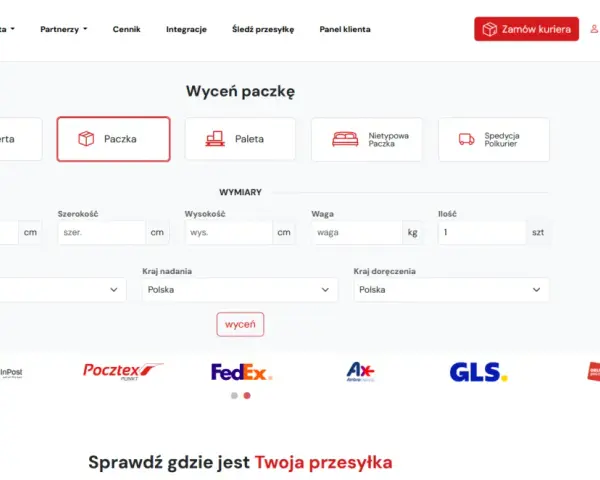 Formularz wyceny paczki na stronie Polkurier z polami na wymiary, wagę i kraj nadania/doręczenia.