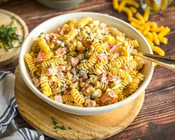 Cremiger Nudelsalat mit Schinken, Erbsen und einem leckeren Dressing, garniert mit frischen Kräutern.