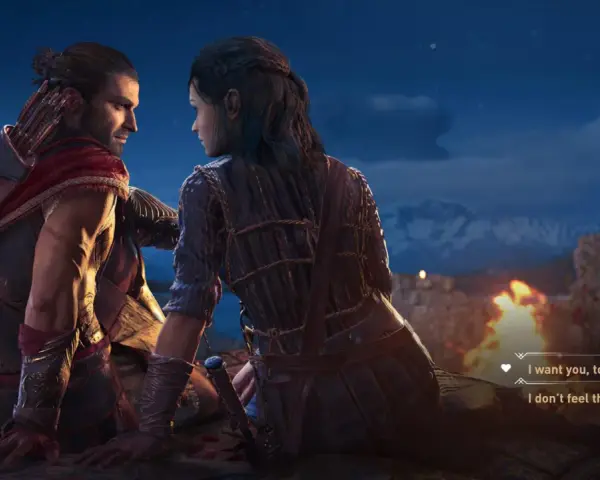 Alexios y Kassandra comparten un momento íntimo, una escena que podría ser un trofeo de Assassin's Creed Odyssey.