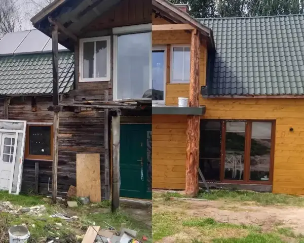 Przed i po: metamorfoza starego domu. Drewniana chata zyskała nowe oblicze dzięki przebudowie.