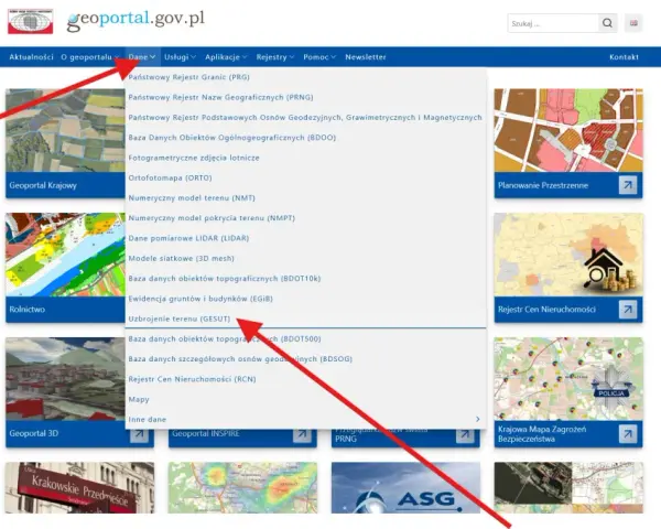 Wybierz "Uzbrojenie terenu (GESUT)" na geoportal.gov.pl, aby uzyskać dostęp do danych o infrastrukturze technicznej.