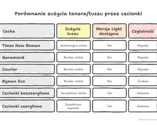 Porównanie zużycia tuszu przez ładne czcionki: Times New Roman, Garamond, Courier, Ryman Eco, bezszeryfowe i szeryfowe.