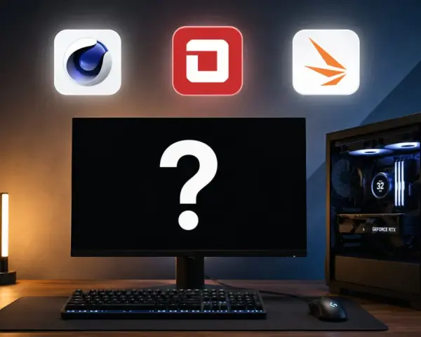 Komputer z podświetlanym chłodzeniem i kartą GeForce RTX, gotowy na test wydajności. Nad monitorem ikony programów: Cinema 4D, DaVinci Resolve, Blender.