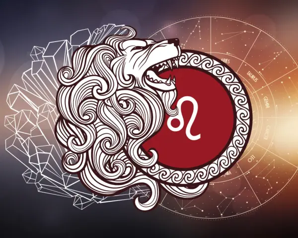 Lew, 6 sierpnia znak zodiaku, symbolizuje siłę i odwagę. Stylizowany lew z grzywą i symbolem zodiaku na tle konstelacji.