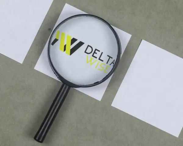 Lupa powiększa logo DELTA WISE, symbolizując dokładność w windykacji.