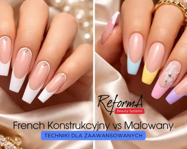 Dwie dłonie prezentują techniki zdobienia paznokci: klasyczny french konstrukcyjny z cyrkoniami i kolorowy french malowany z motywem płatka śniegu.