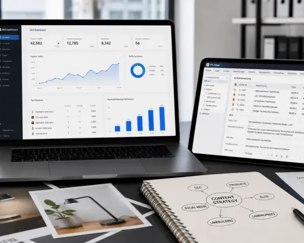 Laptop und Tablet zeigen SEO-Dashboards mit Diagrammen und Tabellen, die eine **faceted search** für Produkte und Keywords ermöglichen.