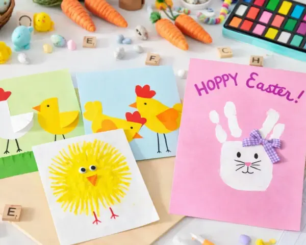 Bunte Osterkarten zum Selberbasteln mit Kindern: Küken, Hühner und ein Hase aus Handabdrücken.