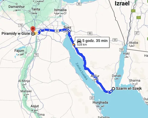 Trasa z Szarm el-Szejk do Piramid w Gizie, pokazująca, skąd najbliżej do piramid. Podróż trwa 5 godz. 35 min, dystans 528 km.