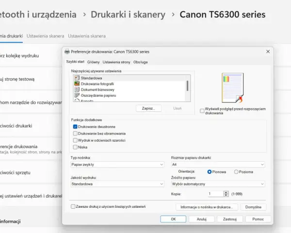Ustawienia drukowania dwustronnego w oknie preferencji drukarki Canon TS6300.