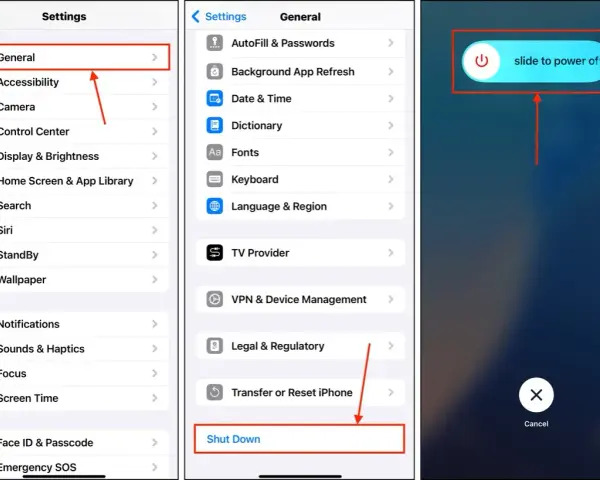 Instruktioner för att rensa historik iPhone: Gå till Inställningar > Allmänt > Stäng av.