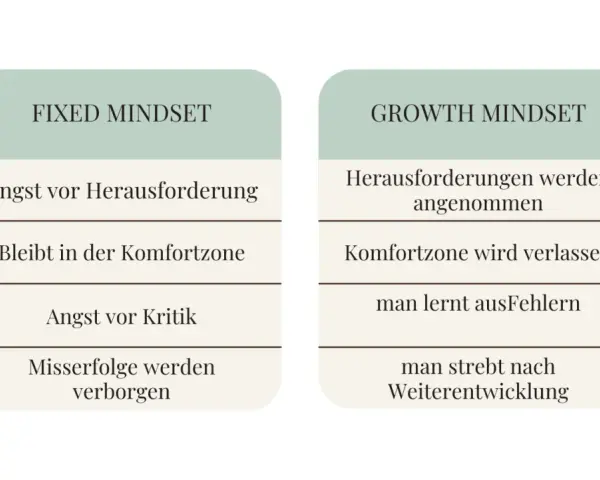 Gegenüberstellung von "Fixed Mindset" (Angst vor Herausforderungen, Kritik, Misserfolgen) und "Growth Mindset" (Herausforderungen annehmen, aus Fehlern lernen, Weiterentwicklung).