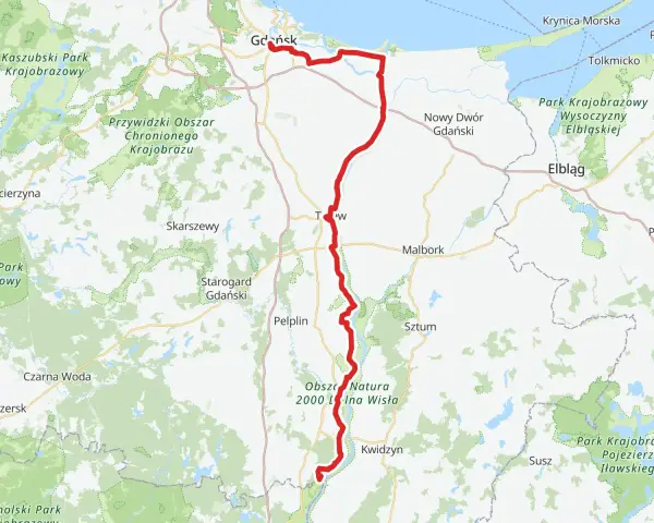 Mapa pokazuje przebieg wiślanej trasy rowerowej od Gdańska na północy, przez Malbork, aż po okolice Kwidzyna na południu.