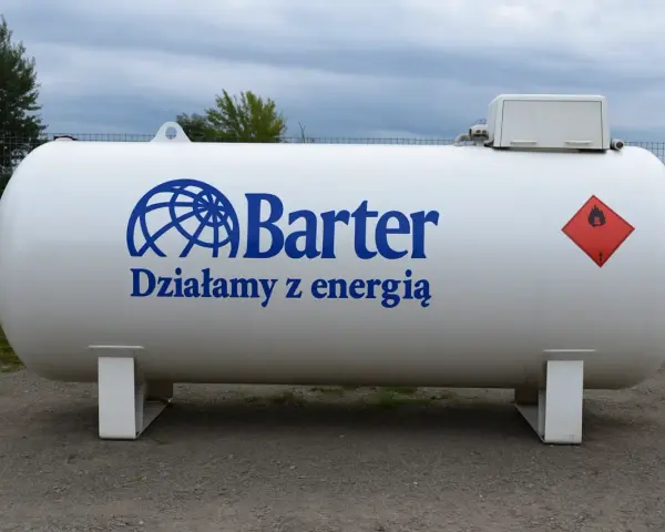 Duży, biały zbiornik na gaz butan z logo "Barter" i ostrzeżeniem o łatwopalności.