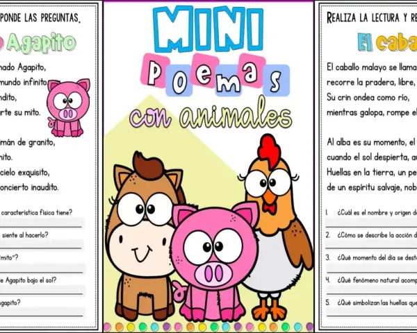 Fichas para comprensión lectora 2 primaria con poemas de un cerdito y un caballo, con preguntas para responder.