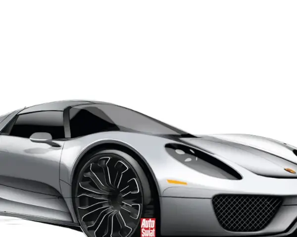 Srebrny Porsche 918 Spyder na białym tle, z widocznym logo "Auto Świat".