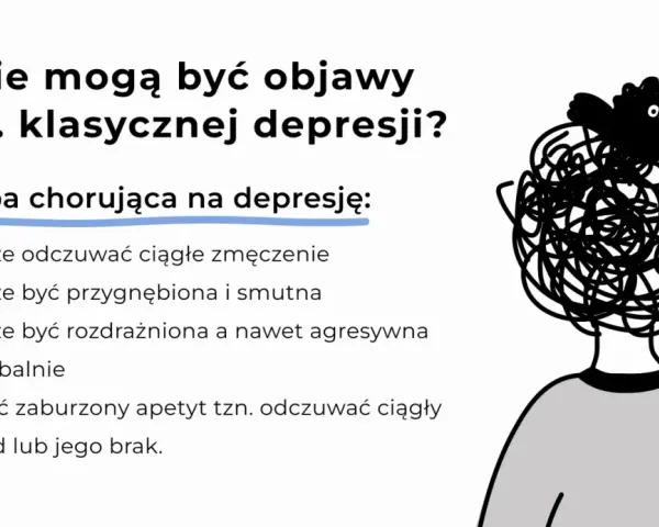 Ilustracja przedstawia postać z chaotyczną czarną głową i smutnymi oczami, symbolizującą depresję.