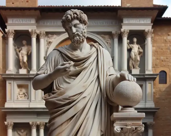 Estatua de mármol de un hombre con barba y túnica, sosteniendo un globo terráqueo, frente a un edificio renacentista.