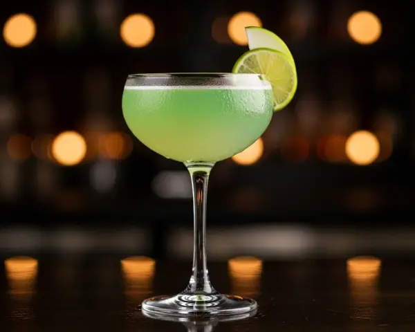 En grön, uppfriskande p2 drink med lime och äpple som garnityr, serverad i ett elegant glas mot en mjukt belyst bakgrund.