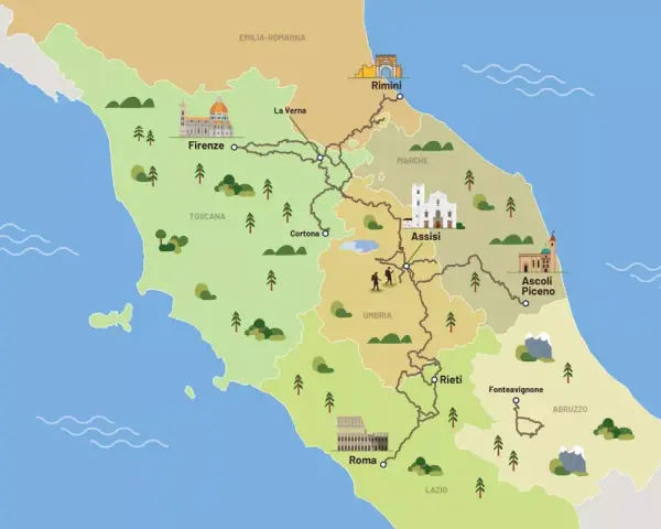 Mappa illustrata del Cammino di San Francesco, con le sue tappe principali da Rimini ad Assisi, Rieti e Roma, attraversando Toscana, Umbria e Marche.