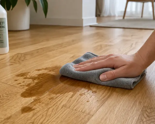 En hand torkar upp spill på ett parkettgolv med en trasa. Flaskan med parkettrengöring står bredvid.