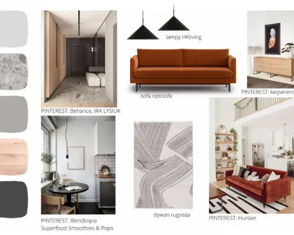 Inspirujący moodboard wnętrzarski: paleta kolorów, nowoczesna sofa, lampy, dywan i aranżacje.