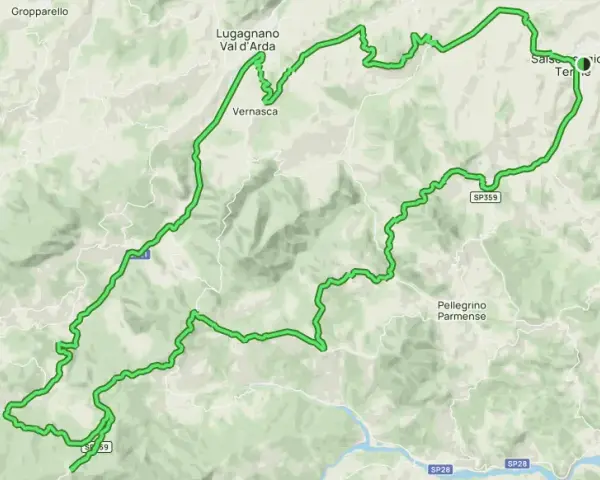 Mappa di un percorso tortuoso tra le colline emiliane, passando per Lugagnano, Vernasca e Salsomaggiore Terme. Un itinerario ideale per chi ama il passo Pellizzone.