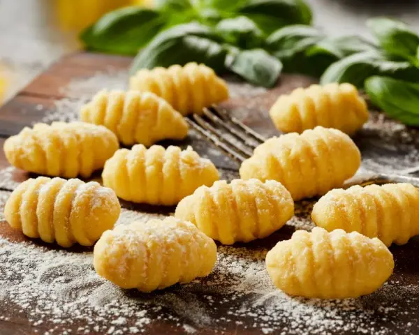 Domowe gnocchi, gotowe do przygotowania według ulubionego gnocchi przepisu. Pachnące bazylią i posypane mąką, czekają na sos.