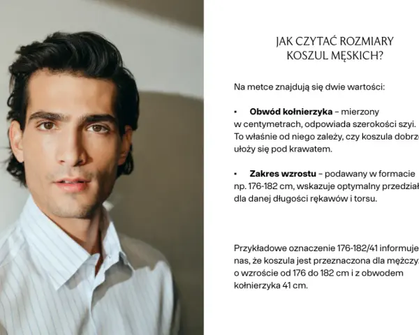 Mężczyzna w koszuli w paski. Tekst wyjaśnia, jak zmierzyć koszulę męską, podając obwód kołnierzyka i zakres wzrostu.