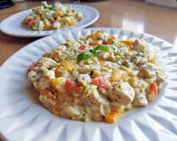 Pyszne risotto z kurczakiem, papryką i ziołami na białym talerzu. Drugie danie w tle.