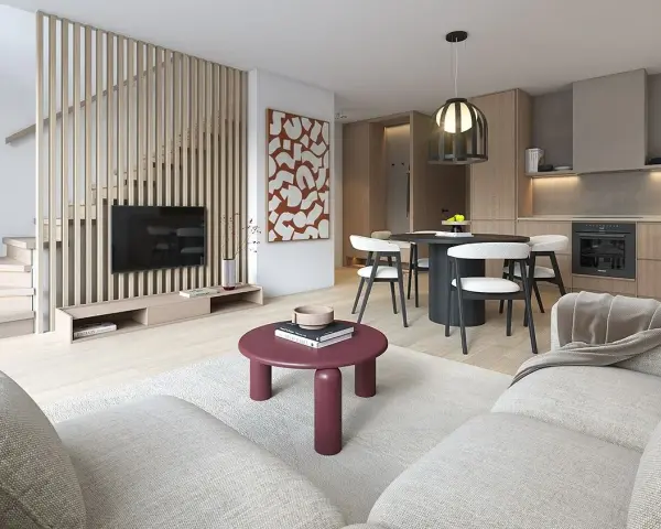 Nowoczesne wnętrze domu 70m2: salon z TV, jadalnia i kuchnia. Drewniane elementy, jasne kolory, minimalistyczny styl.