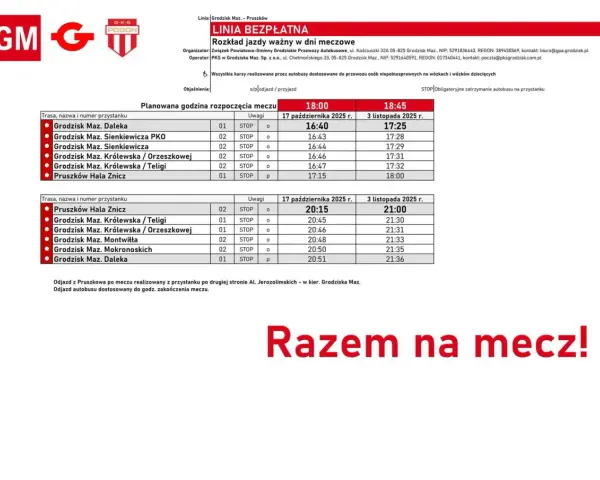 Grodzisk Mazowiecki rozkład jazdy autobusów na mecze. Tabela pokazuje godziny odjazdów z różnych przystanków.