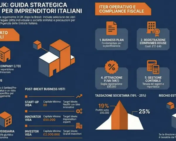 Guida strategica per imprenditori italiani che vogliono lavorare in Inghilterra post-Brexit. Include visti, strutture legali, fiscalità e compliance.
