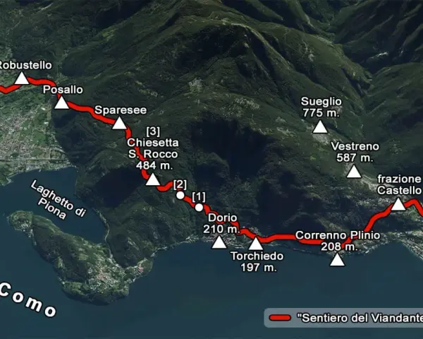 Mappa del Sentiero del Viandante sul Lago di Como, da Dervio a Colico, con tappe e altitudini.