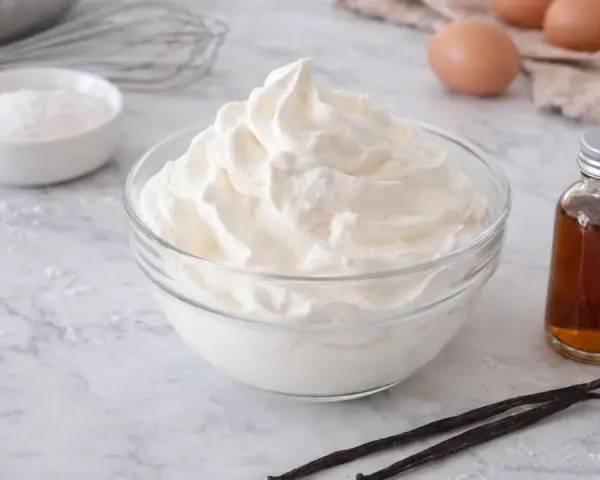 Un bol de chantilly maison aérienne, avec des ingrédients pour la préparer : œufs, vanille, sucre glace et un fouet.
