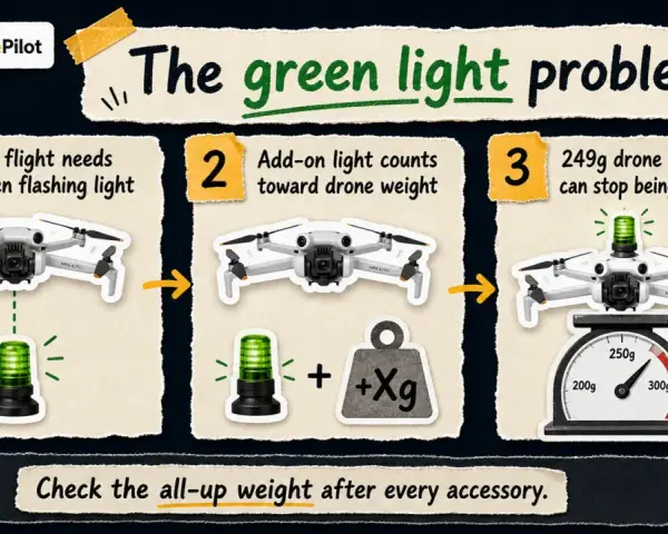 Infographic explaining drone laws: night flight requires a green light, which adds weight, potentially exceeding the 250g limit.