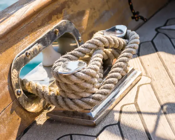 Festgemachtes Seil auf einer Bootsklampe. Das dicke Tauwerk liegt sicher auf dem glänzenden Metall der Klampe, bereit, das Boot festzumachen.