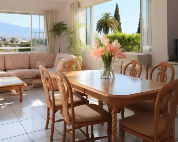 Un salon lumineux avec canapé, table à manger et vue sur les montagnes. Idéal pour imaginer comment partir en famille d'accueil.